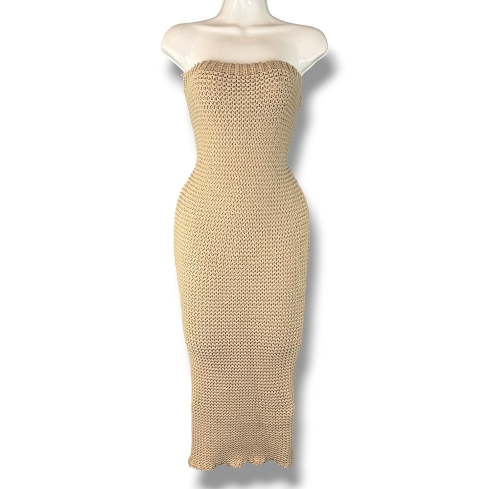 JLUXLABEL Tan Chunky Knit Bodycon Strapless Midi Dress Size 2 Boho Coastal Chic